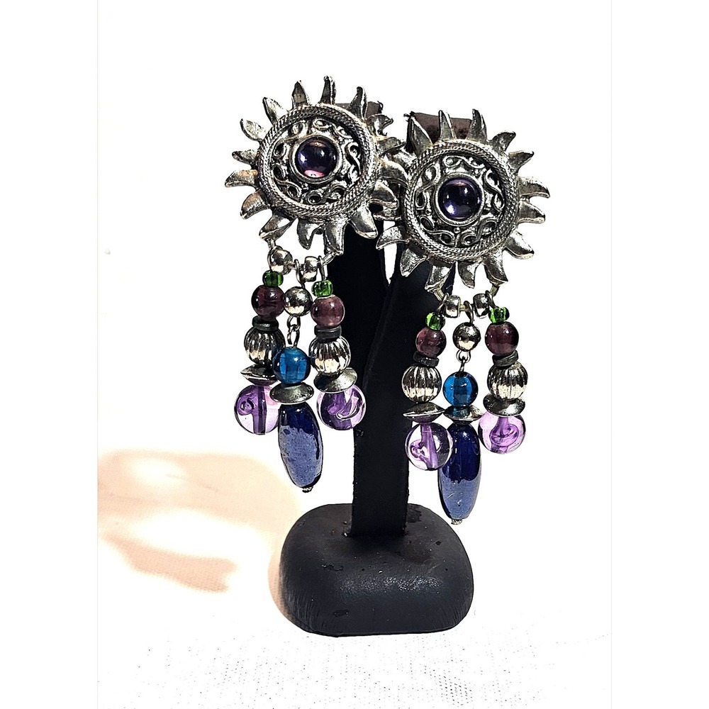 Vintage Boho Sunburst Clip On Earrings Mixed Glass Metal Beads Purple Blue